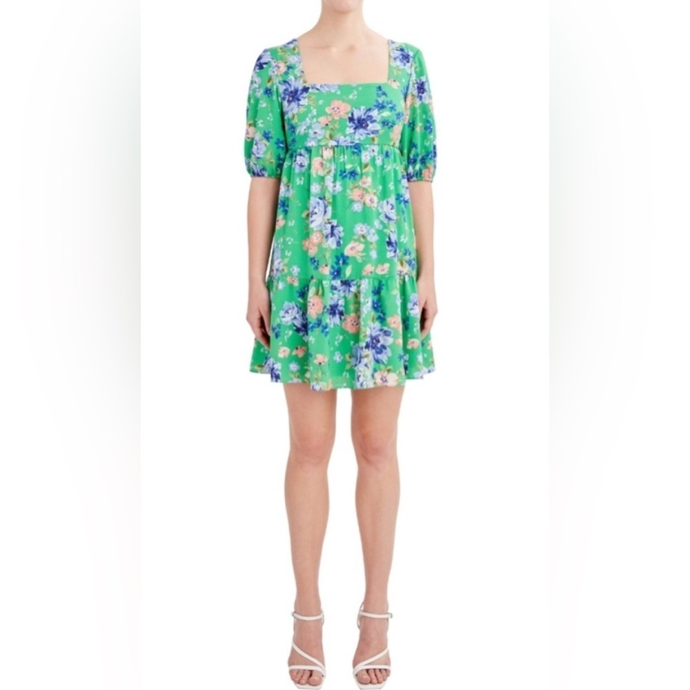 BCBG Floral Puff Sleeve Paris Chiffon Mini Dress Green  XL